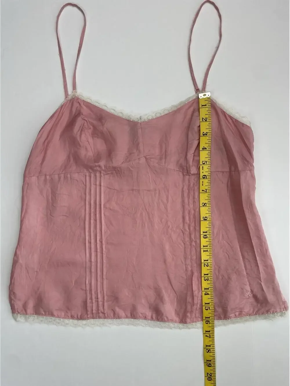 American Eagle 100% Silk Camisole Top 12 Pink Lace Trim Pintuck Boho Romantic - Picture 5 of 7